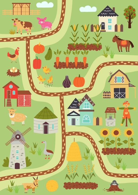 Road Map Design Ideas, Farm Map Illustration, Japanese Worksheets, Farm Map, Road Map Design, Building Template, Cartoon Map, Map Creator, Happy Farm