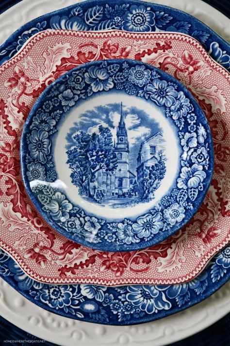 4 Of July Decor, Red Transferware Tablescape, Liberty Blue Tablescape, Red White And Blue Tablescapes, Liberty Blue Dishes, 4th Of July Tablescapes, Red White Blue Party, Red White And Blue Decorations, 4th Of July Home Decor