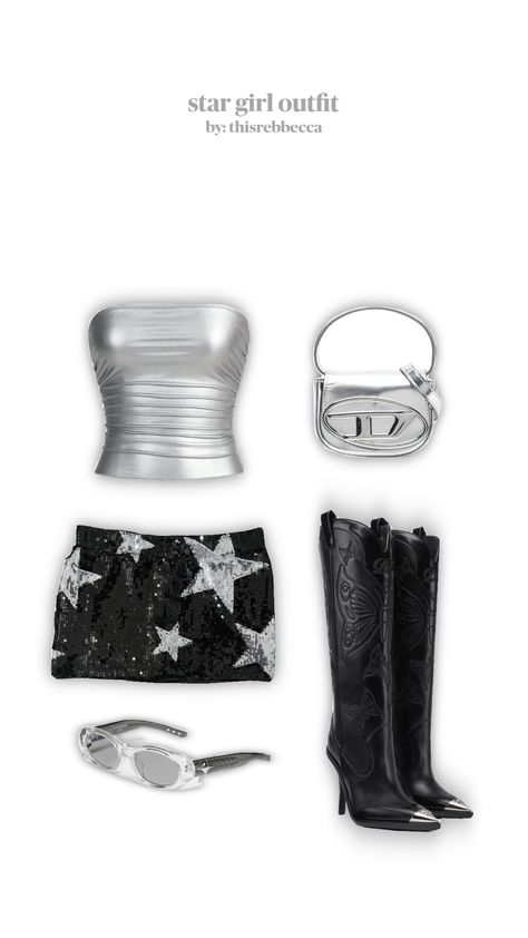 #stargirl #outfit #outfitinspo #y2k #fashion #2000s #silver #aesthetic #clothes #pinterest #stargirlaesthetic Outfits Ideas For A Concert, Performing Outfits Concert, Black And Silver Concert Outfit, Birthday Outfits Y2k, Y2k Silver Outfits, Silver Y2k Outfit, Stargirl Party Outfits, Popstar Aesthetic Outfits, Silver Aesthetic Outfit