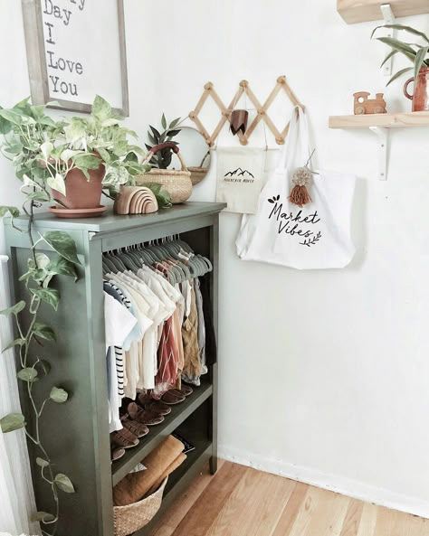 Kids Room No Closet, Diy Nursery Wardrobe, Gender Neutral Nursery Aesthetic, Wardrobe In Nursery, Nursery No Closet, Nursery Open Wardrobe Ideas, Open Wardrobe Nursery, Nursery With Wardrobe, Nursery With Clothes Rack