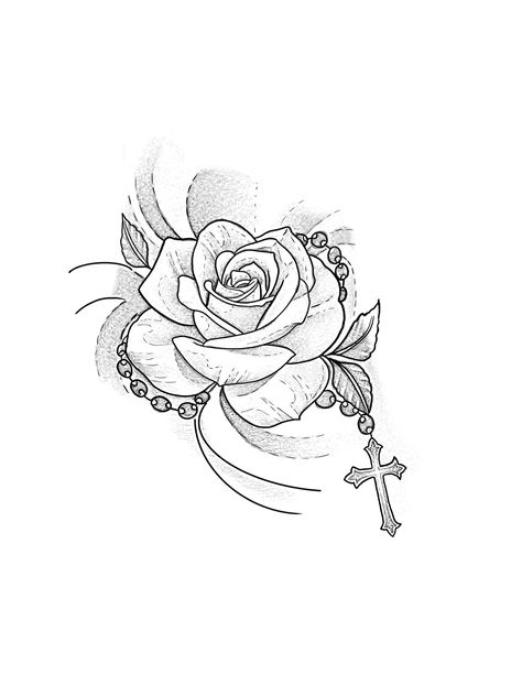 Rose With Ribbon Tattoo, Rose Tattoo With Cross, Cross And Roses Tattoos For Women, Rose Tattoo On Chest Female, Cross And Rose Tattoo, Rose And Cross Drawing, Cross With A Rose Tattoo, Rose With Rosary Tattoo Design, Cross With Roses Tattoo Stencil