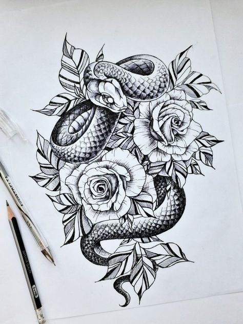 Snake In Rose Tattoo, Snake Lion Tattoo, Snake Tattoo With Roses, Snake With Roses Tattoo, Cobra And Rose Tattoo, Leg Snake Tattoos Women, Viper Tattoos For Women, Tattoo Ideas Snake Rose, Snake Tattoo Thigh Women