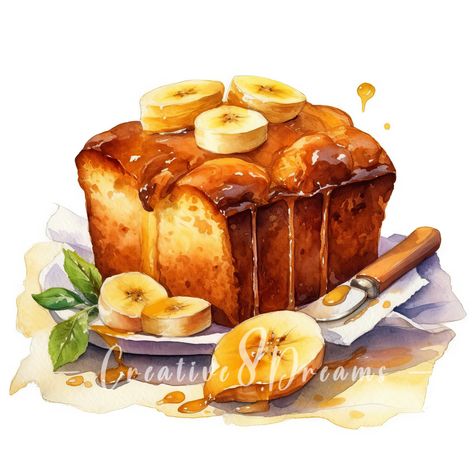 Grandmas Banana Bread, Bread Watercolor, Bread Clipart, Banana Crumb Cake, Watercolor Food Illustration, Food Art Painting, Watercolor Food, Cute Food Drawings, Yummy Comfort Food