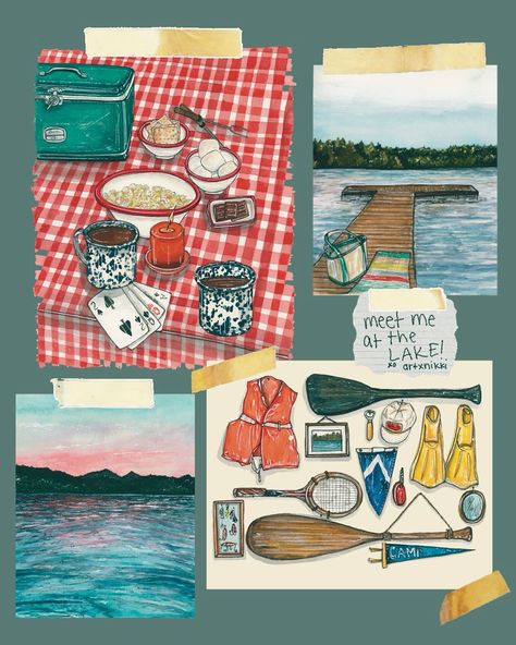 summer is here.. MEET ME AT THE LAKE! 🚣‍♂️🛟 a small nostalgic collection with an ode to summers on the lake. I spent all of my summers growing up in western NY tanning on the lake, boating, having campfires, swimming under the stars.. some of my favorite memories. these fine art prints will make their debut in Nashville this week at @porterflea - who’s theme is summer camp! here’s my take on summer camp on the lake, with a vintage twist. cheers to many more summers on the lake 🍻 Camp Scrapbook, Vintage Summer Camp, Meet Me At The Lake, Pine Pitch, Polaroid Collage, Colony House, Lake Boating, Summer Camp Art, Nostalgic Summer