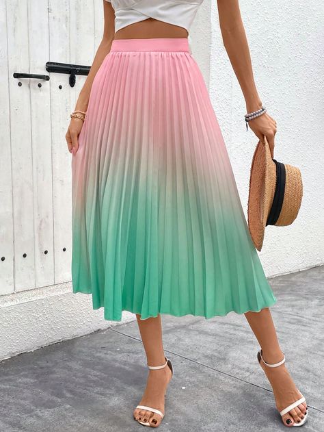 SHEIN LUNE Women Elegant Ombre Pleated Skirt, Spring/SummerI discovered amazing products on SHEIN.com, come check them out! Skirts Pleated, Rose Bonbon, Women Skirts, Gradient Color, Pleated Skirt, Spring Summer, Skirt, Collar, Pink