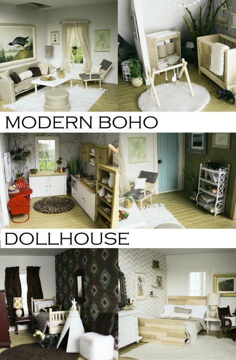 Diy Modern Dollhouse Furniture, Boho Dolls House, Boho Dollhouse, Bohemian Dollhouse, Plan Toys Dollhouse Makeover, Mcm Dollhouse Furniture, Modern Farmouse Dollhouse Furniture, Modern Dolls House, Dollhouse Nursery