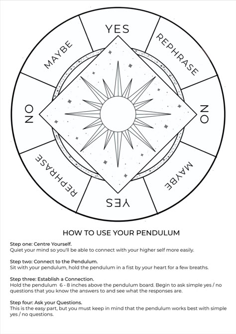 Grab our FREE pendulum board printable with easy to understand guide on how to use your pendulum. Book Of Shadows Pendulum, How To Use Pendulum Board, Pendulum Grimoire Page, Pendulum For Beginners Chart, Questions For Pendulum, Pendulum Uses, How To Make A Pendulum Board, Pendulum Board Ideas, Crystal Pendulum How To Use