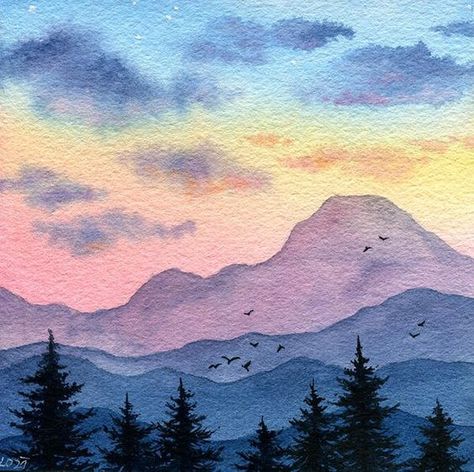 Mountain Scape Watercolor, Digital Watercolor Landscape, Landscape Paintings With Water Colours, Watercolor Scenery Nature, Watercolor Art Nature Simple, Watercolor Landscape Paintings Mountains, Easy Forest Watercolor, Mountain Drawing Watercolor, Watercolor Colorado Mountains