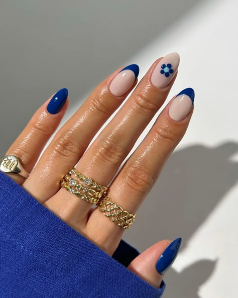 You can never go wrong with a simple design in Santorini blue 💙🪬🧿✨ ring from @luvaj 🫶 #nails #nailinspo #nailart #summernails #greecenails #naildesign #simplenails #easynails Floral Blue Nails, Blue French Tip With Design, Santorini Nails, Basic Nail Ideas, Greece Nails, Everyday Nails, Basic Nail, Nailinspo Nailart, Blue French Tips