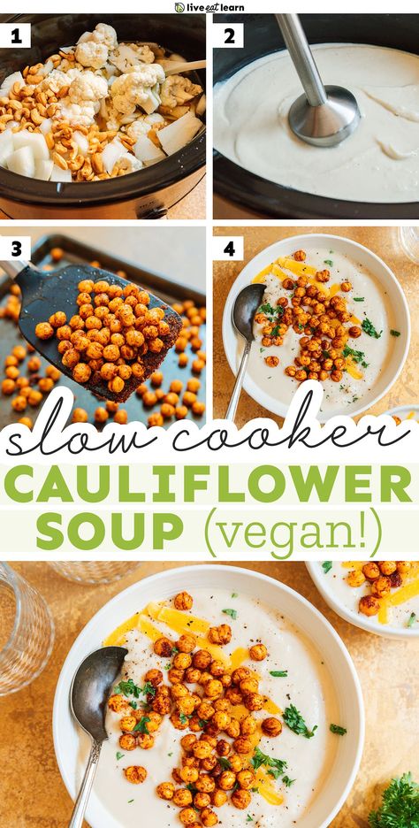 "Fantastic," as described by a reader, slow cooker cauliflower soup only takes a handful of ingredients. This recipe requires nearly no prep work and is naturally creamy and vegan, thanks to cauliflower! Cauliflower Potato Soup Crockpot, Spiced Cauliflower Soup, Roasted Cauliflower Soup Recipes, Slow Cooker Vegan Soup, Cauliflower Soup Recipes Healthy, Slow Cooker Cauliflower, Slow Cooker Cauliflower Soup, Soup With Cauliflower, Soup With Veggies