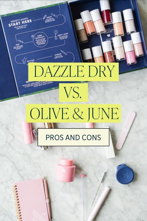 Dazzle Dry vs. Olive and June …how do they compare? Read on for my honest, unabridged review of these two safer polish options! Sharing with you the pros and cons of these safer nail polish systems! Olive Garden Nail Color, Olive And June Fig Ranch, Dazzle Dry Nails, Olive And June Hz, Olive June Nail Polish, Olive And June Quick Dry, Dazzle Dry Nail Polish Colors, Olive And June Colors, Olive And June Swatches