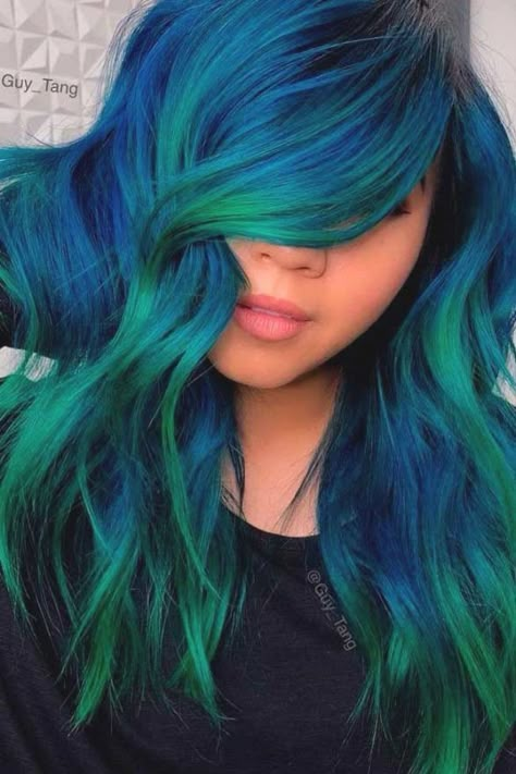 Blue And Green Balayage Hair #colorfulhair #longhair ★ Looking for the latest green hair ideas? In our guide, we've put together the best options to match any taste, from light pastel mint balayage on a short bob to dark and bright emerald ombre on long locks. #glaminati #lifestyle #greenhair Green Hair Ideas, Green Hair Color Ideas, Blue And Green Hair, Best Ombre Hair, Hair Colors To Try, Green Hair Color, Blue Green Hair, Mermaid Hair Color, Vivid Hair