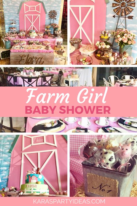 Farm Girl Baby Shower via Kara's Party Ideas - KarasPartyIdeas.com Barnyard Baby Shower Ideas, Baby First Cake, Farm Baby Shower Theme, Cowgirl Baby Showers, Girl Shower Themes, Cow Baby Showers, Country Baby Shower, Farm Baby Shower, Animal Baby Shower Theme