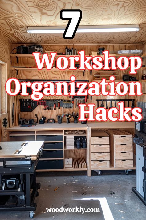 Maximize efficiency in your woodworking shop with clever organization hacks. Discover space-saving tips, tool storage solutions, and ways to keep your workspace clutter-free. Click for innovative ideas! #WorkshopOrganization #WoodworkingTips #ToolStorage #DIYWorkshop #EfficientSpaces Basement Woodworking Shop, Organize Wood Shop, Tool Workshop Ideas, Garage Woodworking Shop Layout, Garage Organization Ideas Small Space, Construction Shop Organization, Organizing A Workshop, Diy Wood Shop Organization, Work Tools Organization