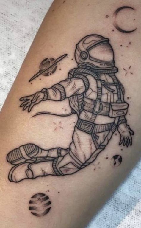 Astronaut Leg Tattoo, Dinosaur Astronaut Tattoo, Spaceman Tattoo Simple, Trippy Space Tattoo, Nasa Tattoo Ideas, Astronaut Tattoo Men, Simple Astronaut Tattoo, Space Related Tattoos, Space Man Tattoo