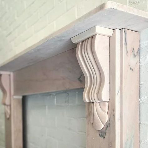 Fireplace Surround With Corbels, Pink Marble Fireplace, Fireplace Corbels, Mantle With Corbels, Reclaimed Fireplace, Fireplace Trim, Fireplace Mantel Surrounds, Victorian Renovation, Mantel Surround