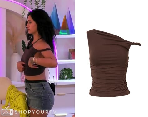 Love Island (USA): Season 6 Episode 19 Leah's Brown Twisted Off Shoulder Top Leah Love Island Usa Season 6 Outfits, Leah Love Island Usa Outfits, Love Island Outfits Aesthetic, Leah Love Island Usa Season 6, Love Island Usa Outfits, Love Island Usa Season 6 Outfits, Leah Love Island Usa, Leah Love Island Outfits, Leah Kateb Love Island Outfits