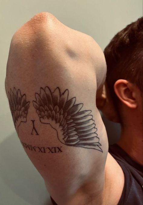 Wings With Roman Numerals Tattoo, Wings Tricep Tattoo, Wings With Dates Tattoo, Wings Tattoo Arm, Wings Tattoo Men, Tattoo Chest Men, Roman Numeral Tattoo Men, Triceps Tattoo, Wing Tattoo Arm