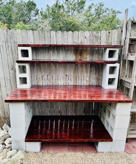 Addicted To Gardening | Finished my potting bench | Facebook Cinder Block Shelves, Diy Garden Table, Cinder Block Garden, Cinder Blocks, Kitchen Design Layout, Paver Stones, Garden Shelves, Outdoor Kitchen Design Layout, Apartment Patio Decor