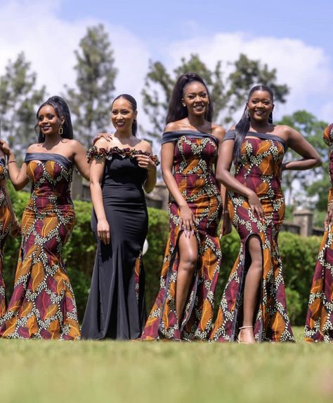 Ankara Bridesmaid Dresses African Prints, Roora Squad Outfits, Traditional Bridesmaid Dresses African, Roora Dresses, Ruracio Dresses, South African Wedding Dress, African Wear Designs, Long Pencil Dress, Kenyan Wedding