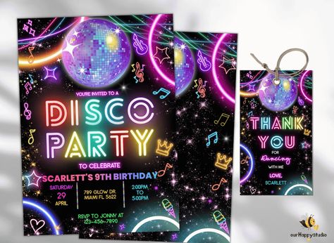 Groove into the Night with these 5 Amazing Disco Party Decorations! Glow Dance Party, Neon Dance Party, Neon Dance, Glow Dance, Dance Party Invitations, Dance Party Birthday, Disco Birthday Party, Party Template, Jun 2023