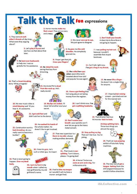 Funny Parts of the Body Idioms + Speaking Cards + Glossary - English ESL Worksheets for distance learning and physical classrooms Speaking Cards English, Idioms For Kids, Speaking Cards, Fun Worksheets For Kids, Hindi Language Learning, English Teaching Resources, Kids Worksheets, French Expressions, Speaking Activities