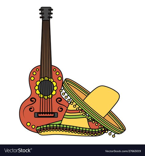 Mexican Guitar, Mexican Hats, Cowboy Posters, Guitar Vector, Guitar Drawing, Mexico Design, Mexican Hat, Artwork Ideas, Adventure Art