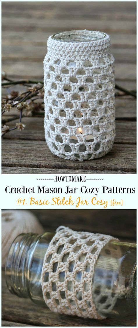 Basic Stitch Crochet Jar Cosy Free Pattern- #Crochet #MasonJar Cozy Free Patterns Crochet Mason Jar, Crochet Candle Holder, Crochet Jar Covers, Crochet Candle, Mason Jar Cozy, Crochet Patterns Free, Crochet Shell Stitch, Crochet Cozy, Wine Bottle Diy Crafts