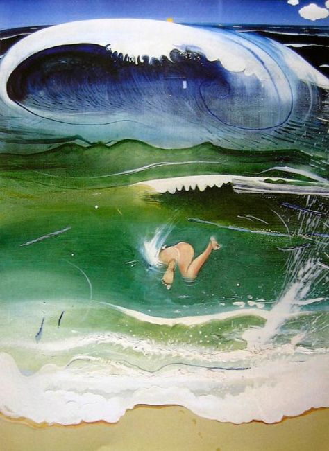 The dive, Bondi.  Brett Whiteley. Intriguing how he gets a Japanese feel in his shapes & brushwork, the wave reflects the bottom of the diver and the foam on the sand. Brett Whiteley, Australian Painting, Australian Painters, Creative Painting, Australian Art, Visionary Art, Australian Artists, Art Auction, Painting Inspiration