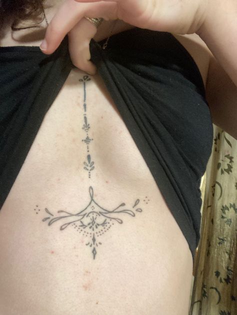 Tail Bone Tattoo, Whimsical Collar Bone Tattoo, Fairy Ribcage Tattoo, Bow On Back Of Neck Tattoo, Fairy Tattoo Collarbone, Fairycore Back Tattoo, Upper Back Tattoos, Torso Tattoos, Bone Tattoos