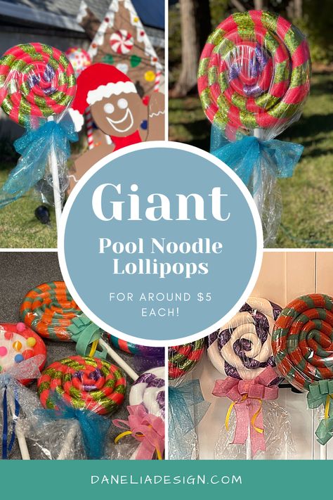 colorful giant lollipops made from rolled pool noodles and colored duct taps Pool Noodle Halloween, Gingerbread Display, School Holiday Crafts, Lollipops Diy, Christmas Concert Ideas, Handmade Lollipops, Giant Pool, Lollipop Decorations, Candy Decorations Diy