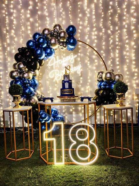 18th Birthday Party Ideas For Boys Theme, Blue Birthday Themes, Sweet 16 For Boys, Modern Birthday Cakes, 18th Birthday Decorations, Blue Birthday Parties, Boy Birthday Decorations, 13th Birthday Parties, Gold Birthday Party