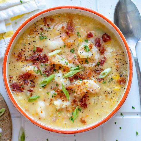 Corn Chowder With Potatoes, Shrimp Corn Chowder, Shrimp Chowder, Shrimp Corn, Frozen Shrimp, Clean Food Crush, Food Crush, Corn Chowder, Clean Food