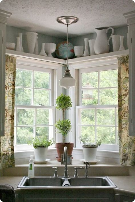 Love the shelf above the window ♥Click and Like our Facebook page♥ Casita Kitchen, Corner Window Treatments, Trailer Kitchen, Schoolhouse Light, Corner Kitchen Sink, School House Lighting, Kitchen Confidential, Window Shelves, Ideal Kitchen