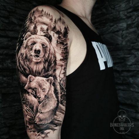 Mama Bear Baby Bear Tattoo, Bear Sleeve Tattoo, Big Bear Tattoo, Baby Bear Tattoo, Father Son Tattoo, Sleeve Inspiration, Mountain Tattoos, Animal Sleeve Tattoo, Animal Tattoo Ideas