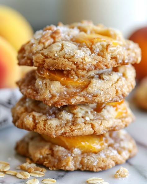 I think this is the best I've ever nailed this recipe. It's fantastic! Peach Crumble Cookies, Peach Snickerdoodle Cookies, Iced Oatmeal Cookie Recipe, Best Ever Cookies, Peach Cobbler Cookies Recipe, Peaches Cookies, Buiscits Recipes, Apricot Cookies Recipe, Tall Cookies