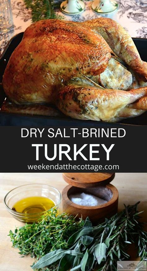 You need to plan ahead to make this incredible DRY SALT-BRINED TURKEY to complete the brining process, but this recipe is easy and makes the best turkey you've ever had! #thanksgivingrecipe #thanksgivingturkey #makeahead #turkeyrecipe #easyturkeyrecipe Salt Brine For Turkey, Fried Turkey Brine, Deep Fried Turkey Brine, Skinnytaste Dinner, Brine Turkey, Dry Brine Turkey, Cottage Recipes, Brined Turkey, Dry Brine