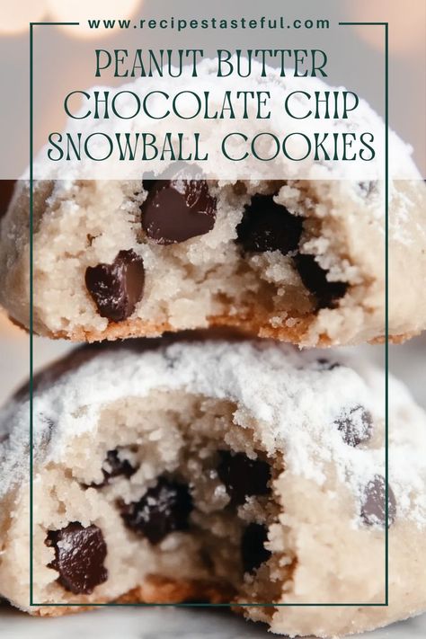 These Peanut Butter Chocolate Chip Snowball Cookies are soft, buttery, and loaded with chocolate chips. Their melt-in-your-mouth texture and delightful peanut butter flavor make them a perfect treat for any occasion. Chocolate Chip Snowball Cookies, Chocolate Christmas Cookies, Snowball Cookie Recipe, Keto Christmas Cookies, Christmas Baking Recipes, Snowball Cookies, Chocolate Peanut Butter Cookies, Peanut Butter Cookie Recipe, Delicious Cookie Recipes