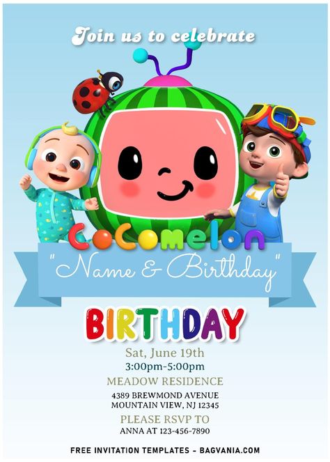 (Free Editable PDF) Bright & Cheerful Cocomelon Birthday Invitation Templates | FREE Printable Birthday Invitation Templates - Bagvania Online Invitation Card Birthday Kids, Birthday Card Template Free Download, Coco Melon Party Invitations, Cocomelon Party Invitation Template Free, Cocomelon Invitation Template Editable, Cocomelon Invitation Card Template, Cocomelon Background, Cocomelon Invitation, Birthday Invitation Card Online