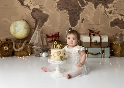 Travel Smash Cake, Vintage Cake Smash, Travel Theme Photoshoot, Map Cake, Baby Boy Birthday Themes, Travel Photoshoot, Cake Backdrops, Cake Smash Inspiration, Vintage Travel Themes