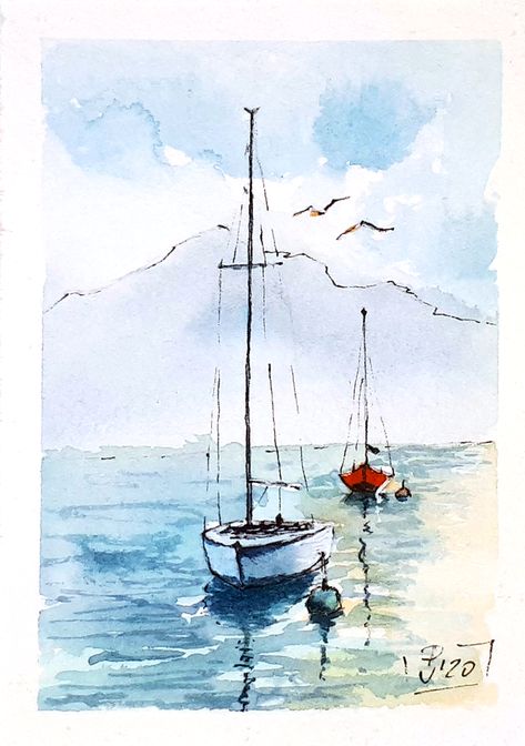 This painting is MADE TO ORDER, direct from my studio. The painting in the photo is already sold. Your painting will be very similar in color and composition, but not exact. Five business days to paint.Sailboat Painting Nautical this is an ACEO original watercolor painting ( NOT A PRINT) of SeascapeSailboatsWaves Painted on artistquality watercolor paper. Professional quality artists watercolor paints. Size: image 2.5" x 3.5", paper 3" x 4" Signature on the front and on the back.The paper used i Watercolor For Men Ideas, Watercolor Lighthouse Paintings, Watercolor Art Unique, Charleston Watercolor Paintings, Watercolor Coastal Art, Watercolor Small Paintings, Boat Watercolor Painting, Sailboat Watercolor, Ship Watercolor