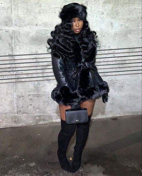 Black Birthday Outfit Winter, Birthday Outfit With Gloves, Mini Coat Outfit, Hooded Dress Outfit Black Women, Fur Coat Birthday Outfit, Fur Dress Coat, Fur Jacket Dress Outfit, Leather And Fur Jacket Outfit, Winter Themed Photoshoot Black Women