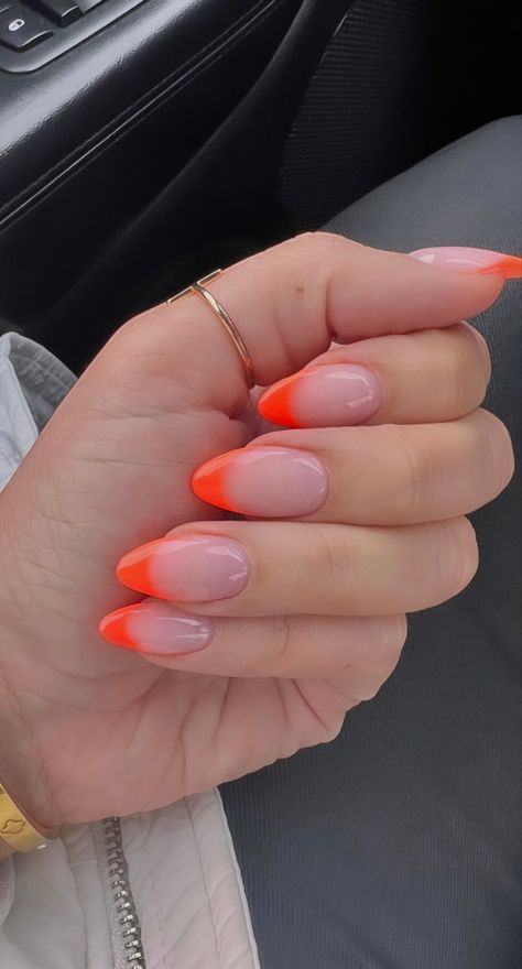 Hot Orange French Tip Nails, Summer Nails Inspo French Tip, Neon Orange French Tip Nails Almond, Coral Orange French Tip Nails, Bright Summer Nails French Tips, Bright Orange Tip Nails, Acrylic Nails Orange French Tip, Coral Red French Tip Nails, Bright French Tip Nails Almond