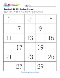 Worksheets by Subject | A Wellspring of Worksheets Fill In The Missing Numbers 1 To 30, Math Division Worksheets, Letter A Coloring Pages, Number Board, Even Numbers, Best Books List, Number Activity, Multisensory Activities, Holiday Homework