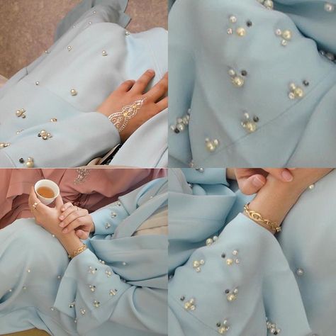 Blue abaya with pearl EID collection . Price :  AED - 1200 USD - 350 EUR - 295 GBP - 225 SAR - 1225 KWD - 98 Blue Abaya, Oc Fashion, Cl Fashion, Oc Design, Hooded Sweatshirt Dress, Abaya Style, Mode Abaya, Abaya Designs, Abaya Dress