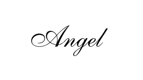 Angel Name Aesthetic, Angel Core Tattoos, Angel Tattoo Letters, Angel Word Tattoo For Women, Angel Tatoos Aesthetic, Word Tattoo Stencils, Angel Username, Word Angel Tattoo, Black Angel Aesthetic