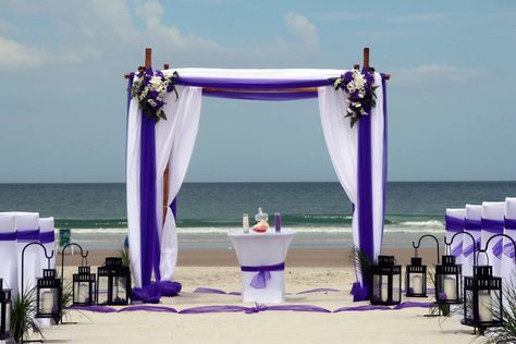 Purple Beach Wedding, Daytona Beach Wedding, Beach Wedding Purple, Blue Beach Wedding, Beach Wedding Locations, Purple Beach, Beach Wedding Centerpieces, Boho Beach Wedding, Wedding Set Up