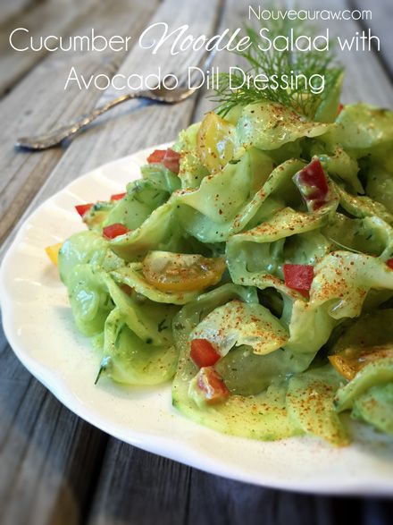 English Cucumber Noodle Salad with Avocado Dill Dressing (raw, vegan, gluten-free, nut-free) Cucumber Noodle Salad, Cucumber Noodles, Dill Dressing, Salad With Avocado, Refreshing Salad, Noodle Salad, High Vibrational, English Cucumber, White Plate