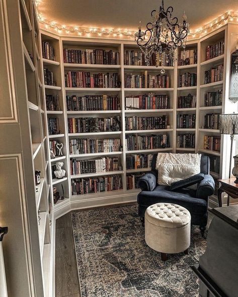 Home Library With Sofa, Big Bookshelf Aesthetic, At Home Library Aesthetic, Library Aesthetic Home, Library Room Aesthetic, Home Library Room, Book Room Ideas, Room Library Ideas, Library Room Ideas