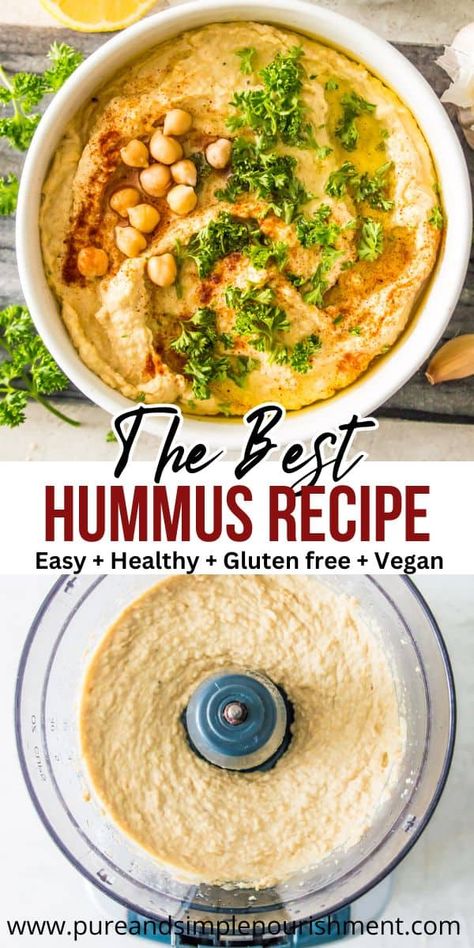 This is the best hummus recipe! This homemade hummus is so easy to make and this recipe is naturally gluten free, dairy free, vegan and healthy. This bean dip is so smooth and creamy and can be made with or without tahini. It's the perfect spread for a platter or charcuterie board and also makes a great appetizer or healthy spread for sandwiches or burgers. Easy Snack Appetizers, Gluten Free Hummus, Best Hummus Recipe, Easy Hummus Recipe, Hummus Recipe Homemade, Easy Hummus, Homemade Hummus, Hummus Recipe, Vegan Appetizers